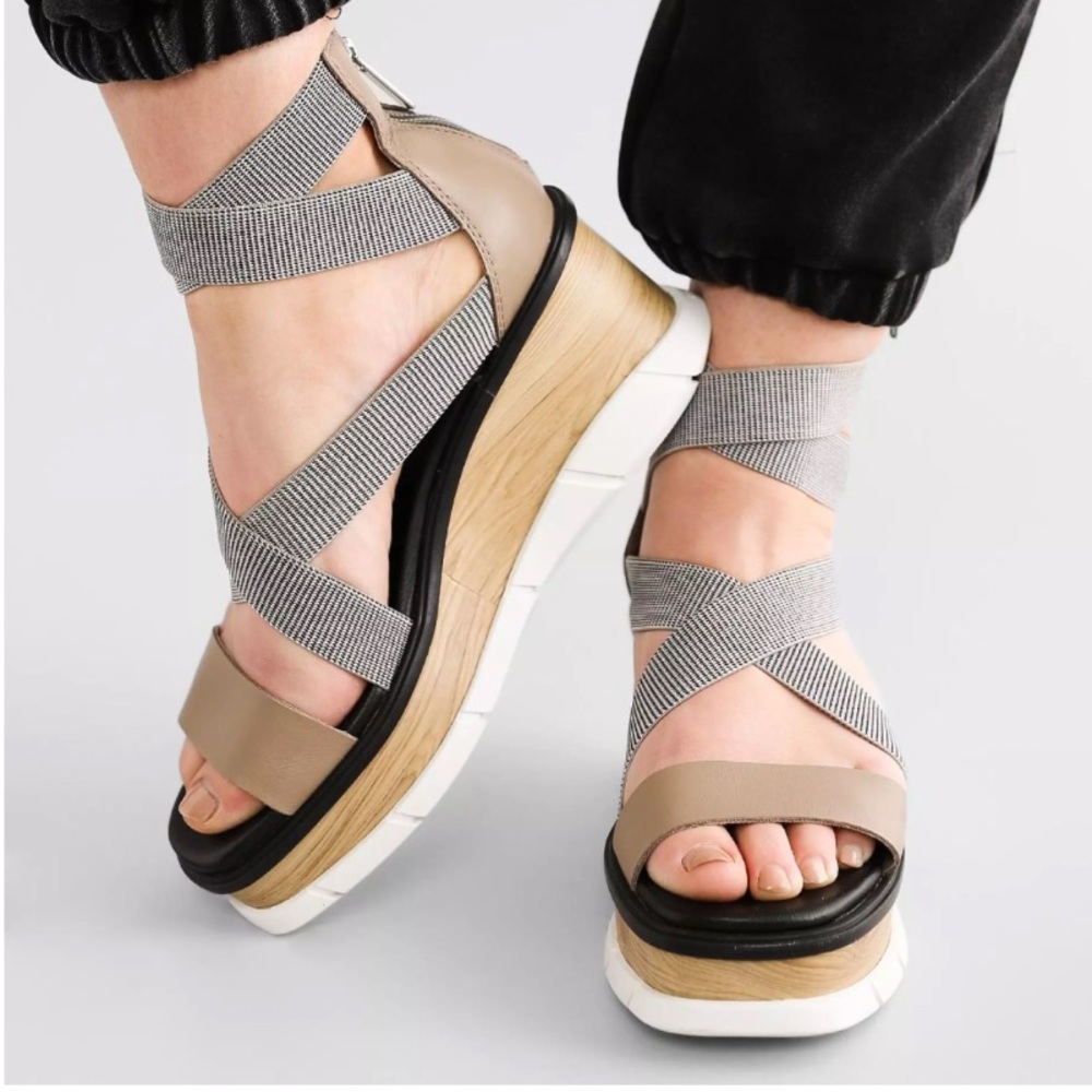 Beige Strappy Platform Sandals with Elastic Ankles